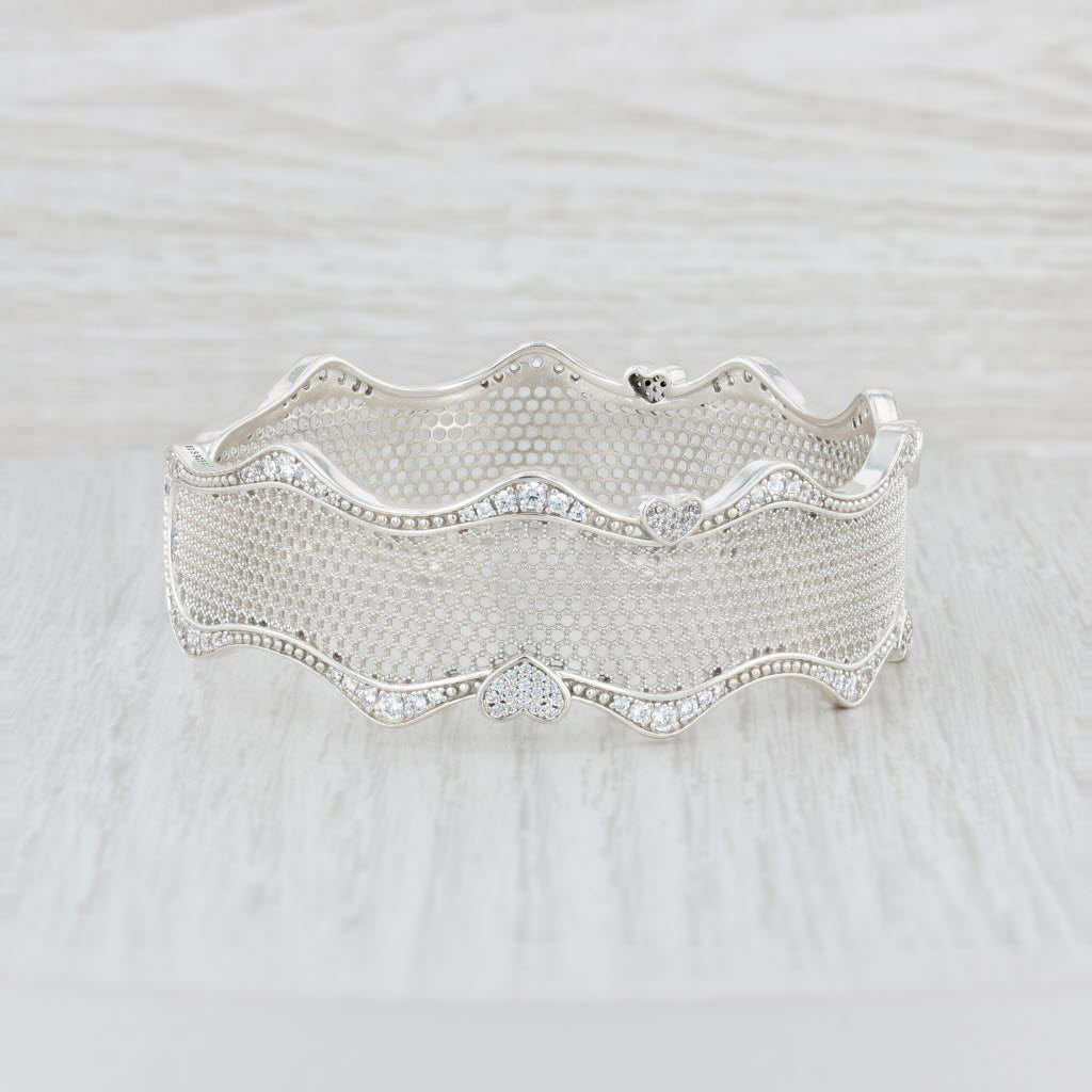 Light Gray New Authentic Pandora Pave Hearts Lace Cuff Bracelet 597704CZ Silver 6.25" 19cm