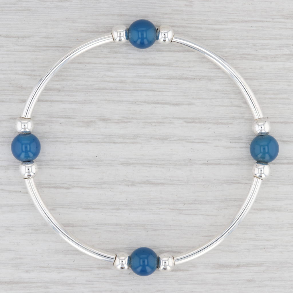 Light Gray New Blue Chalcedony Stretch Bead Bracelet Sterling Silver 7.5" Italy