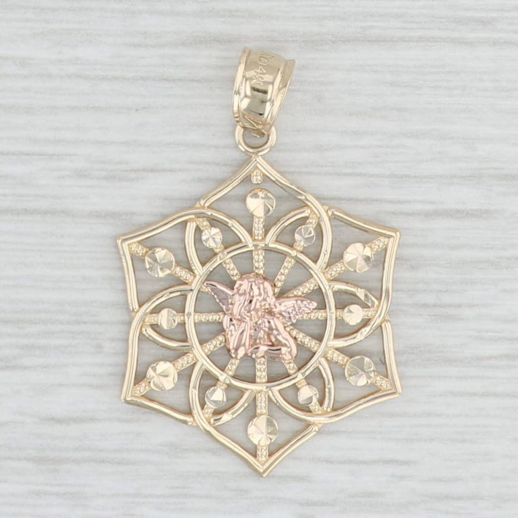 Light Gray Guardian Angel Cherub Pendant 14k Yellow Rose Gold Snowflake