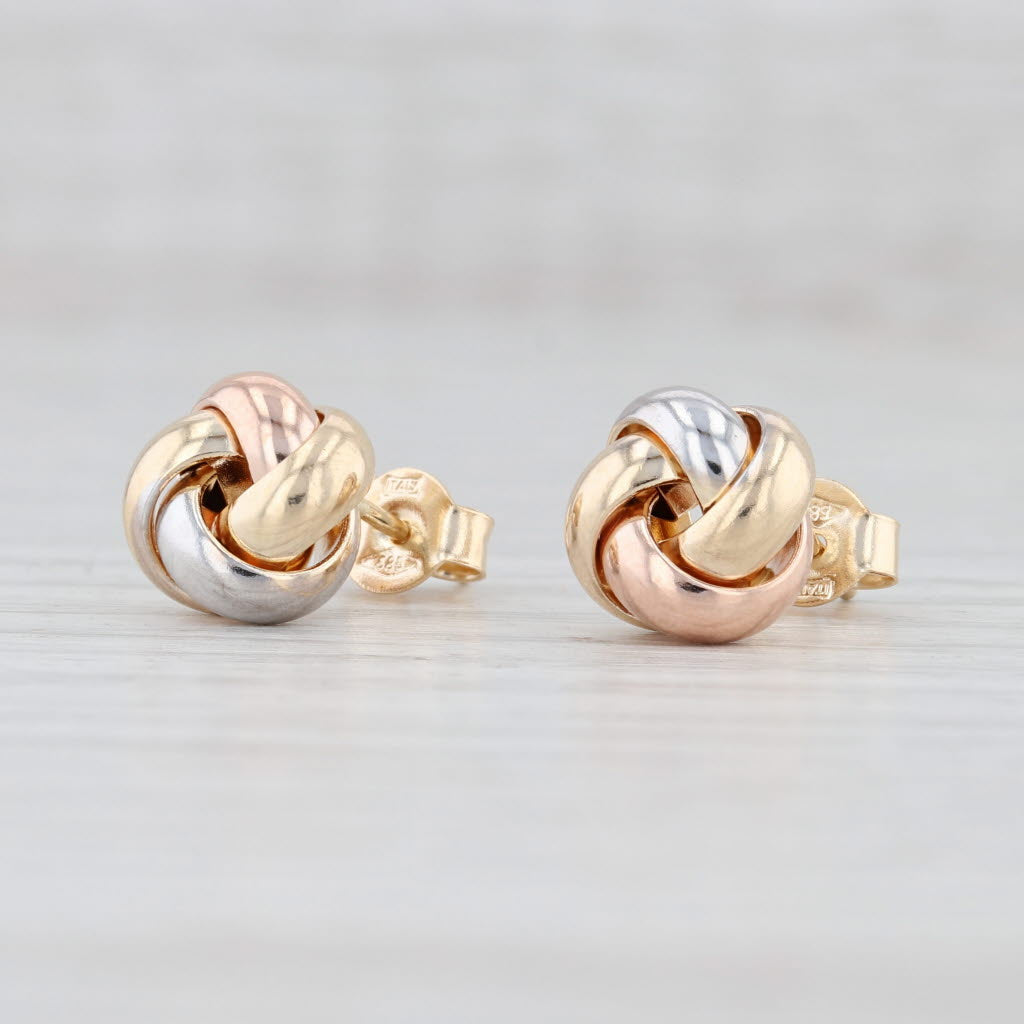 Light Gray New Tri-Toned Love Knot Earrings 14k Yellow Rose White Gold Pierced Studs