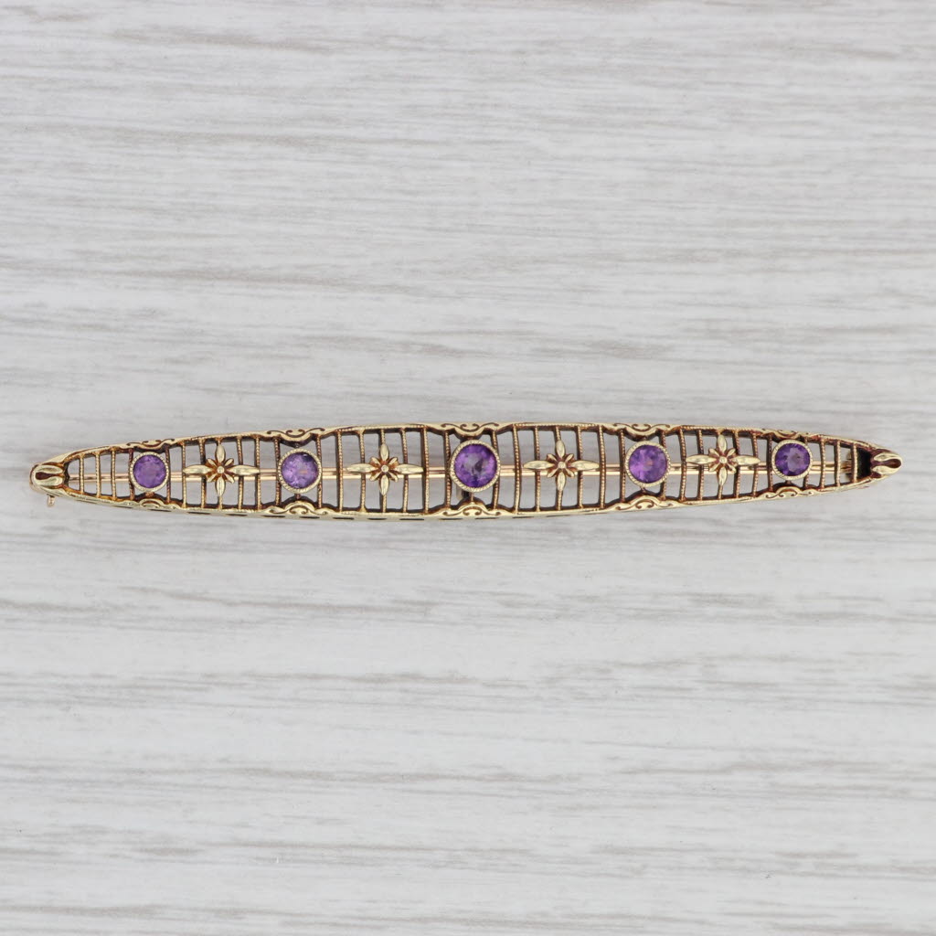 Light Gray Art Deco 0.50ctw Amethyst Filigree Bar Brooch 14k Yellow Gold Pin