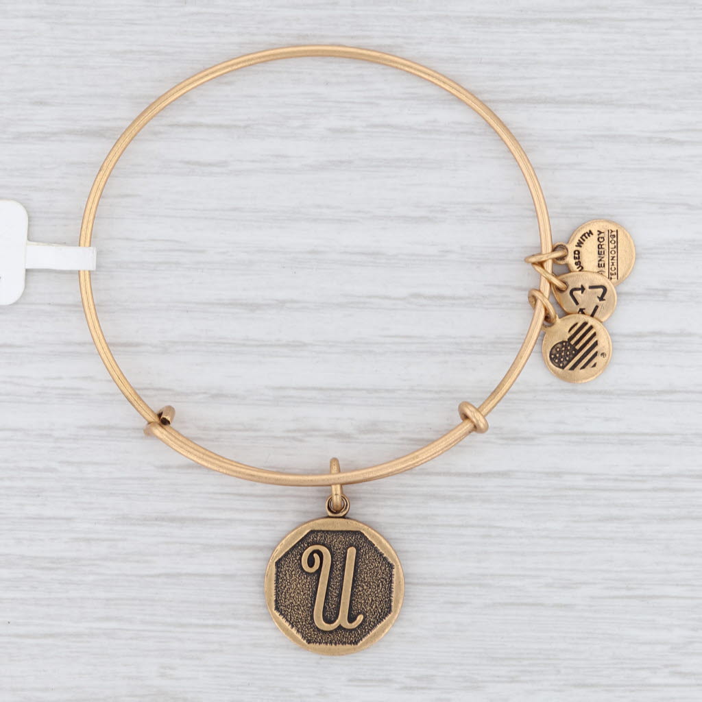 Light Gray New Alex and Ani Initial U Bangle Charm Bracelet Rafaelian Gold Expandable