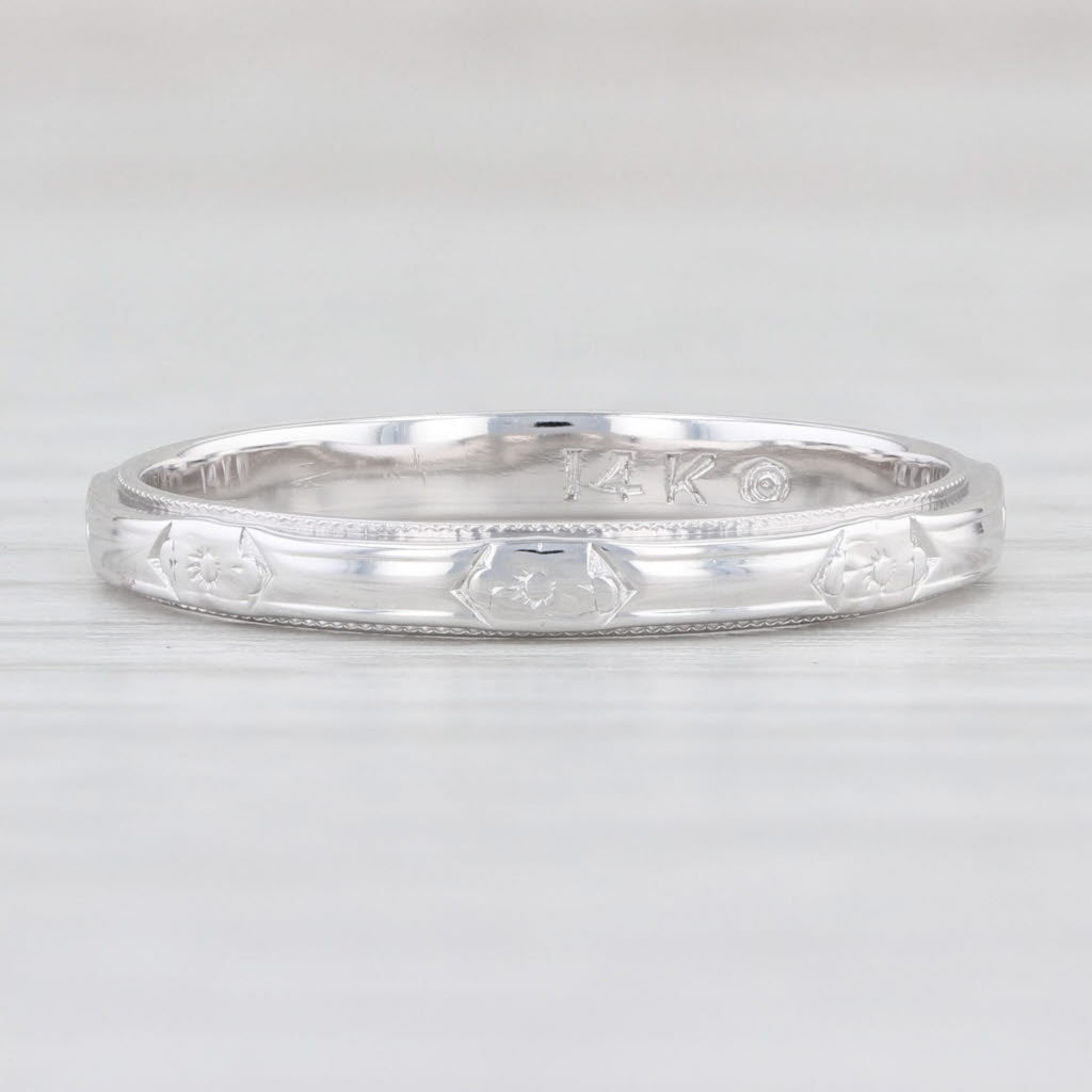 Light Gray Art Deco Floral Wedding Band 14k White Gold Stackable Ring
