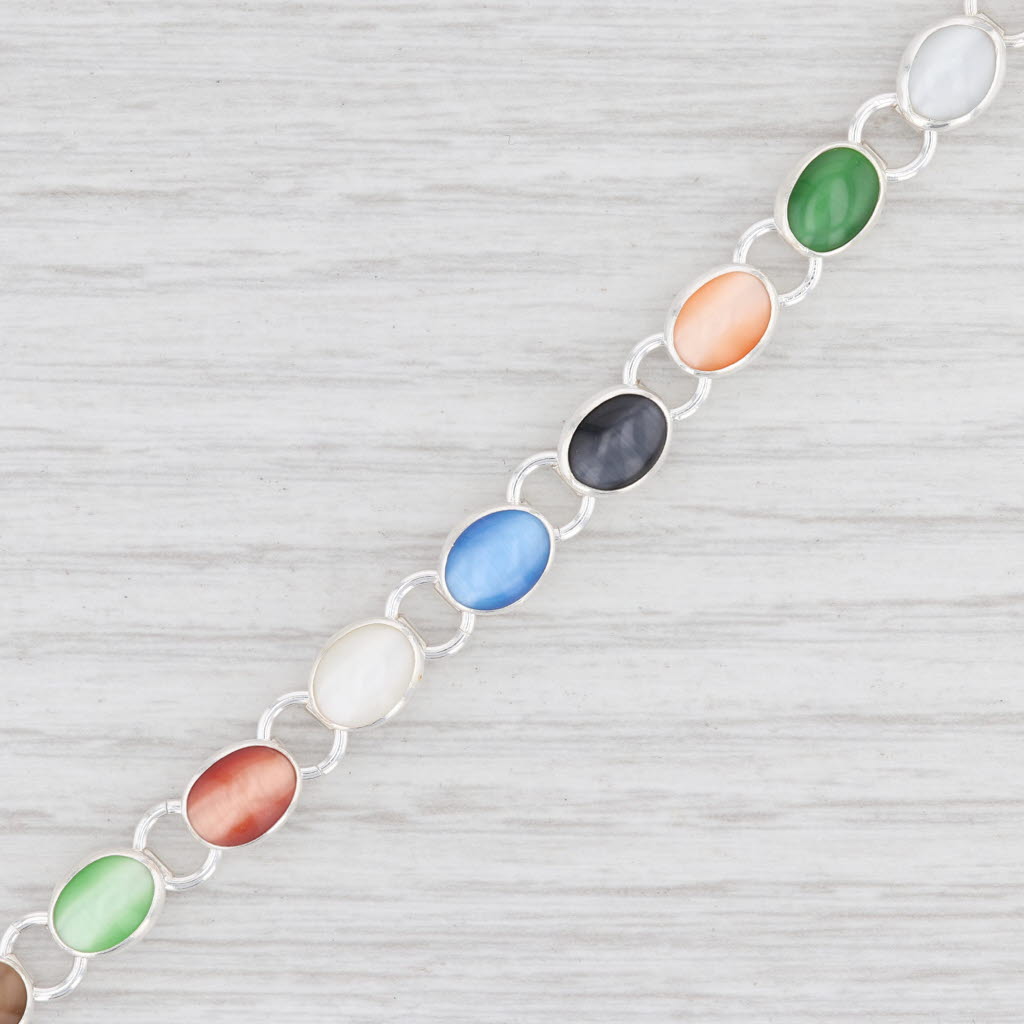 Light Gray New Multi Color Glass Link Bracelet Sterling Silver 7” Chain Toggle Clasp