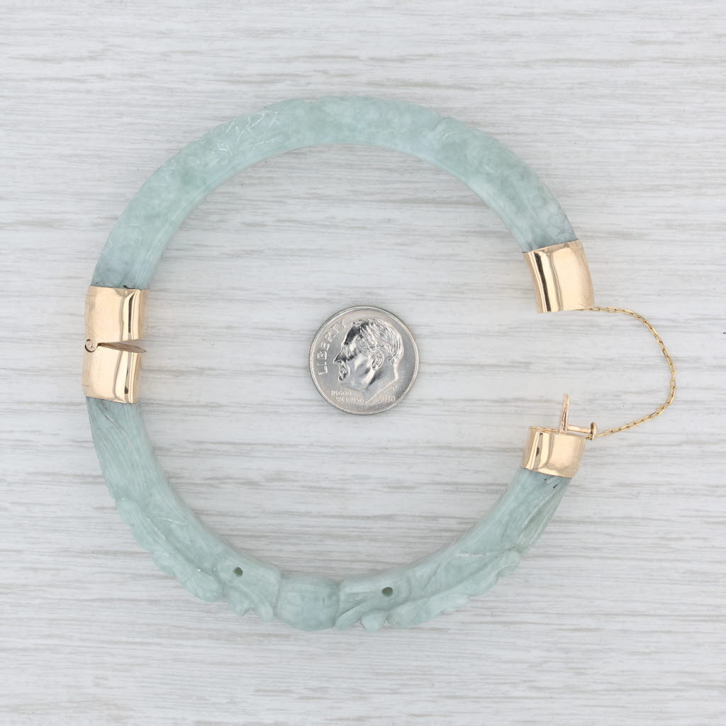 Light Gray Carved Jade Dragon Bangle Bracelet 14k Gold Green Jadeite 7" Asian Statement