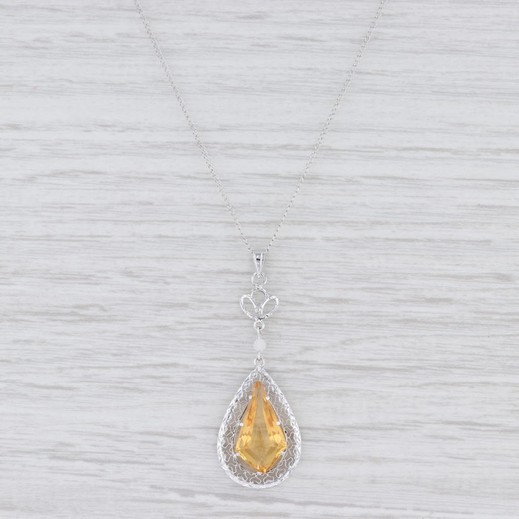 Light Gray Vintage Citrine Teardrop Pendant Necklace 14k White Gold Filigree 16" Curb Chain