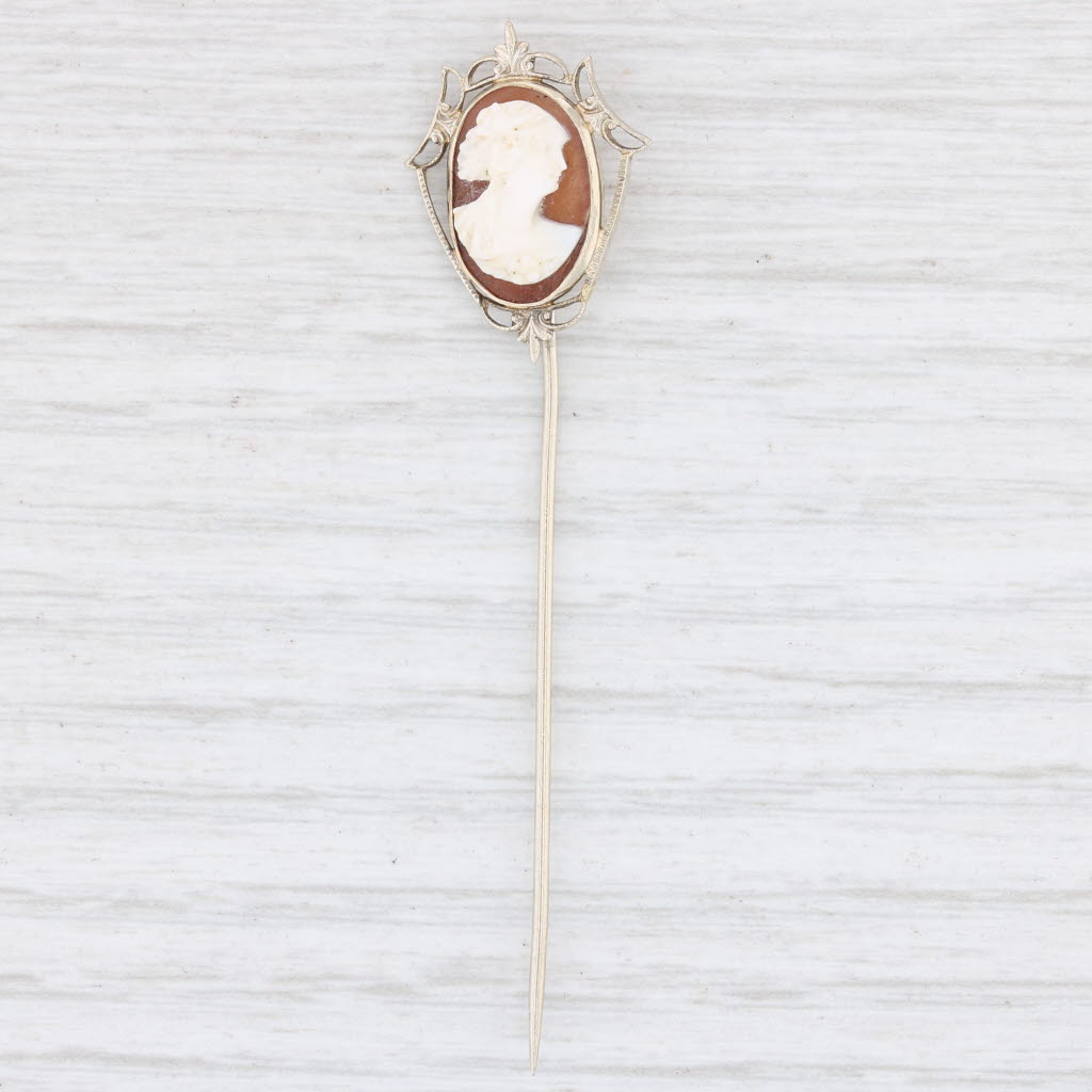 Lavender Antique Cameo Stickpin 10k White Gold Floral Filigree Carved Shell Pin