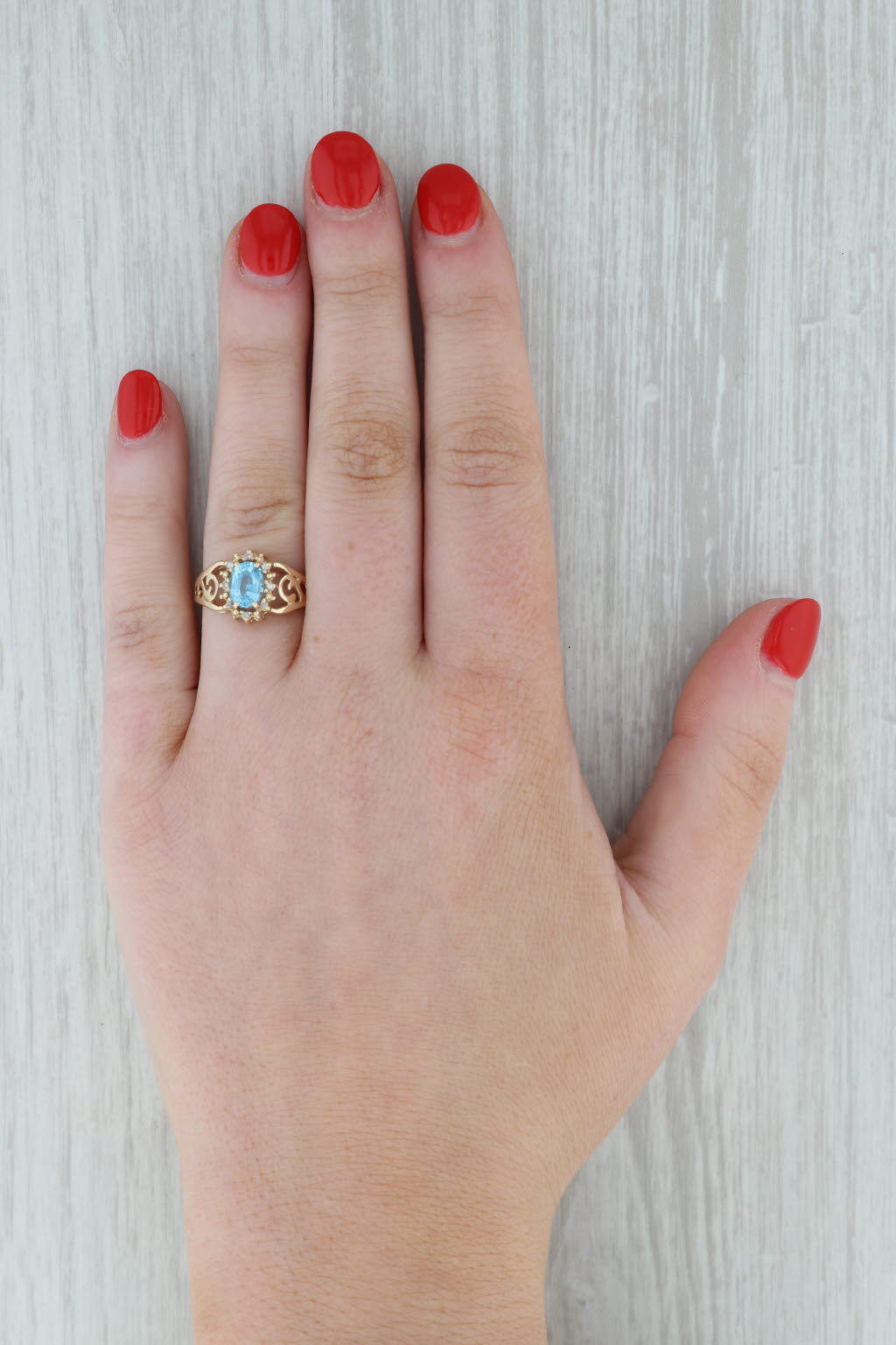 Gray 0.90ct Oval Blue Topaz Diamond Halo Ring 14k Yellow Gold Size 5.25