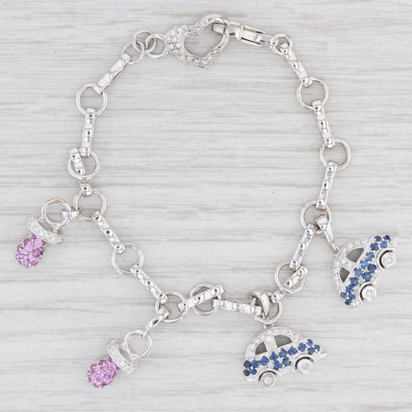 Light Gray Baby Themed Charm Bracelet 14k Gold Pink Blue Sapphires Pacifiers Cars Heart 7"