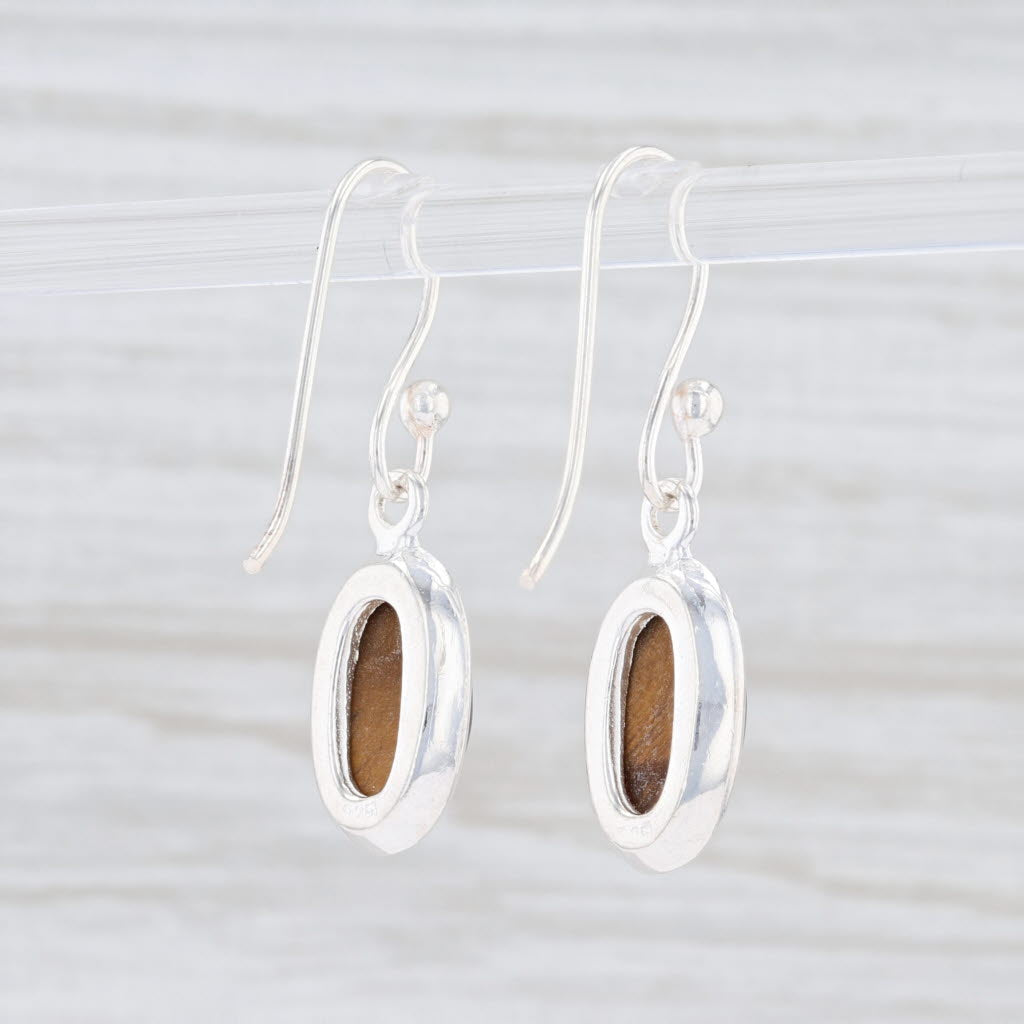 Light Gray New Brown Tiger's Eye Earrings Sterling Silver Hook Pierced Oval Solitaire Drop