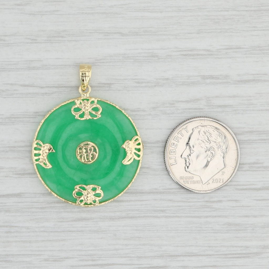 Light Gray Green Jadeite Jade Butterfly Pendant 14k Gold Good Luck Chinese Character