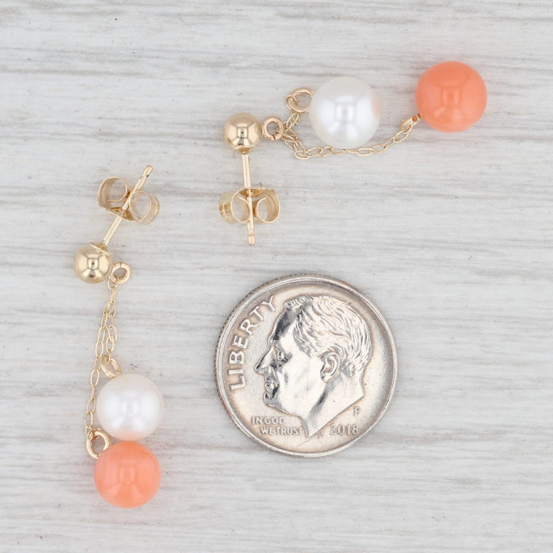 Light Gray Vintage Cultured Pearl Coral Bead Dangle Earrings 14k Yellow Gold Pierced Drops