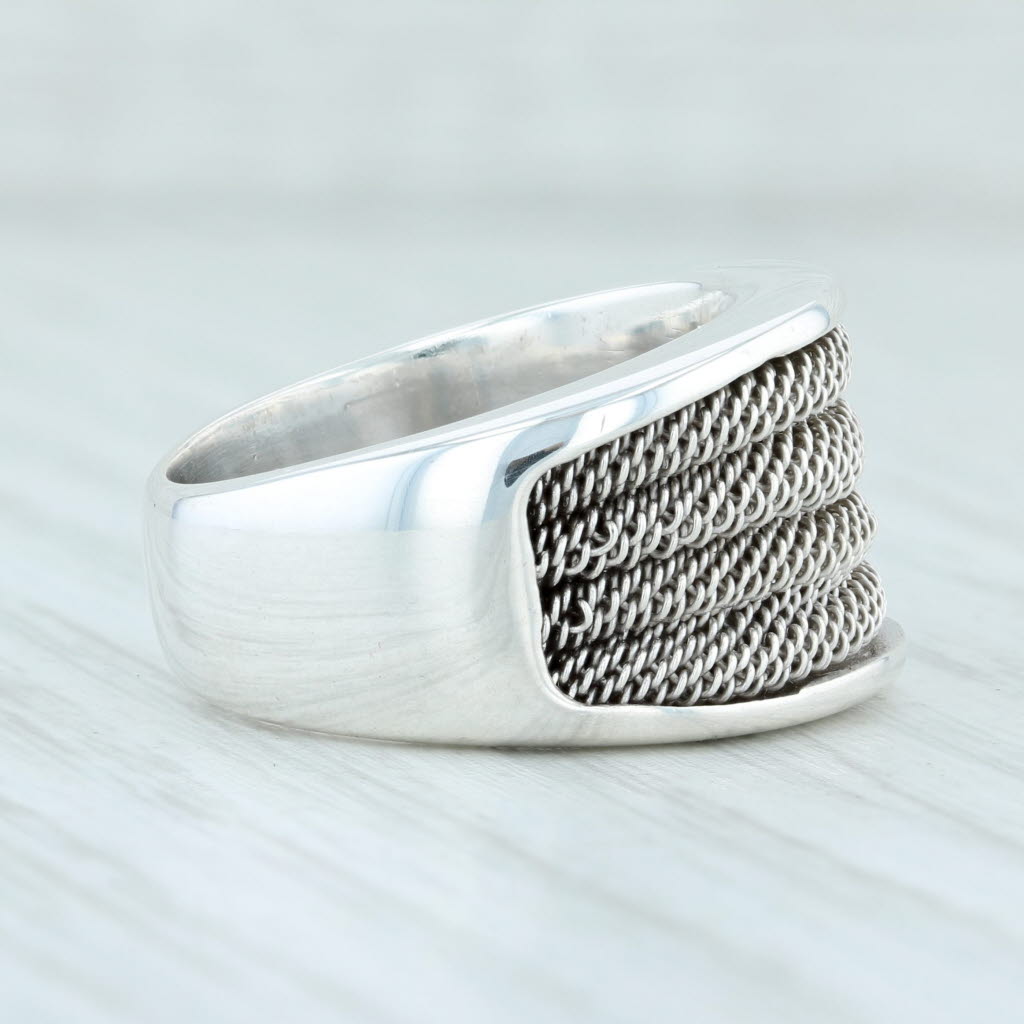 Light Gray Italian Scalloped Mesh Ring Sterling Silver Size 6.75 Statement Band
