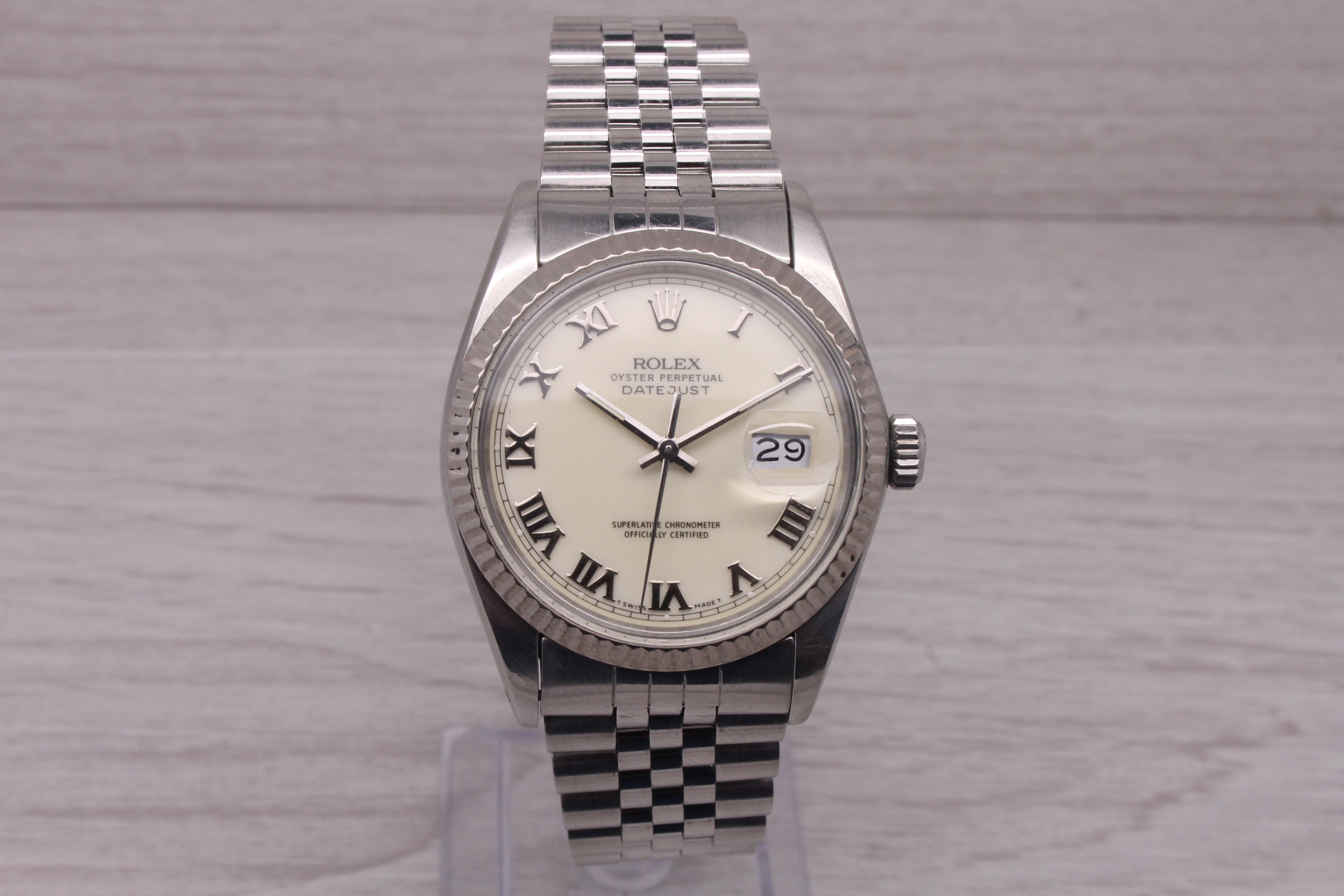 Dark Gray 1986 Rolex Datejust 16014 Mens 36mm Steel Automatic Watch Jubilee Roman Cream