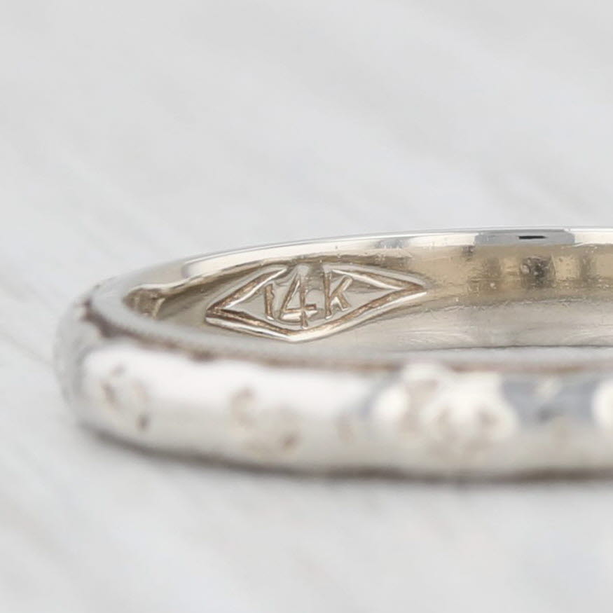 Light Gray Art Deco Floral Band 14k White Gold Size 6.25 Wedding Stackable Ring