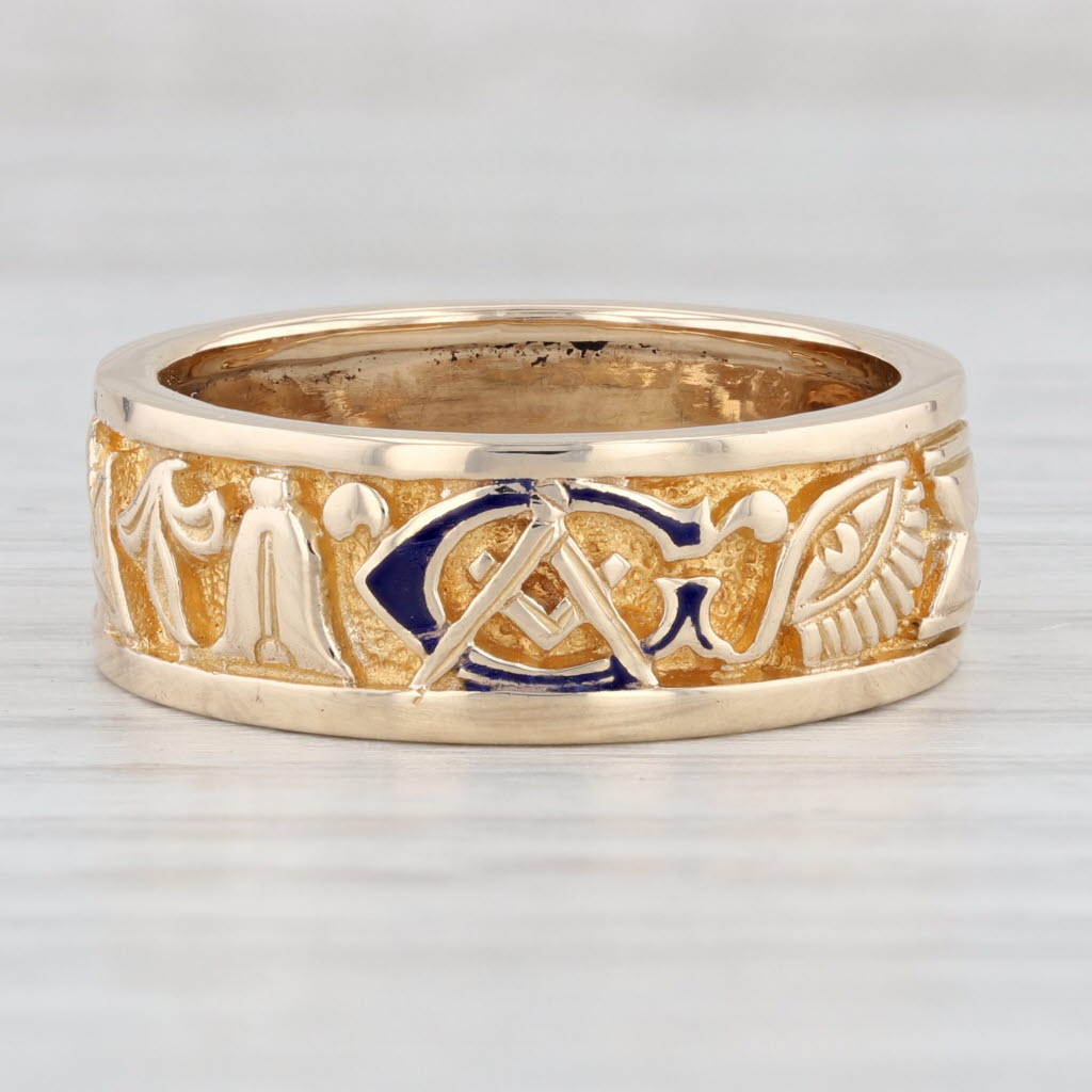 Light Gray Symbolic Masonic Ring 10k Gold Size 9 Band Masonry Working Tools Blue Lodge Signet