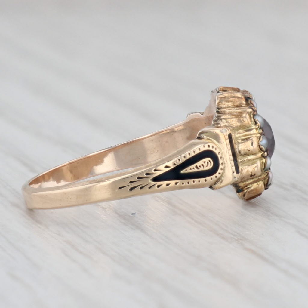 Light Gray Victorian Garnet Pearl Halo Ring 14k Yellow Gold Enamel Size 7.75 Antique