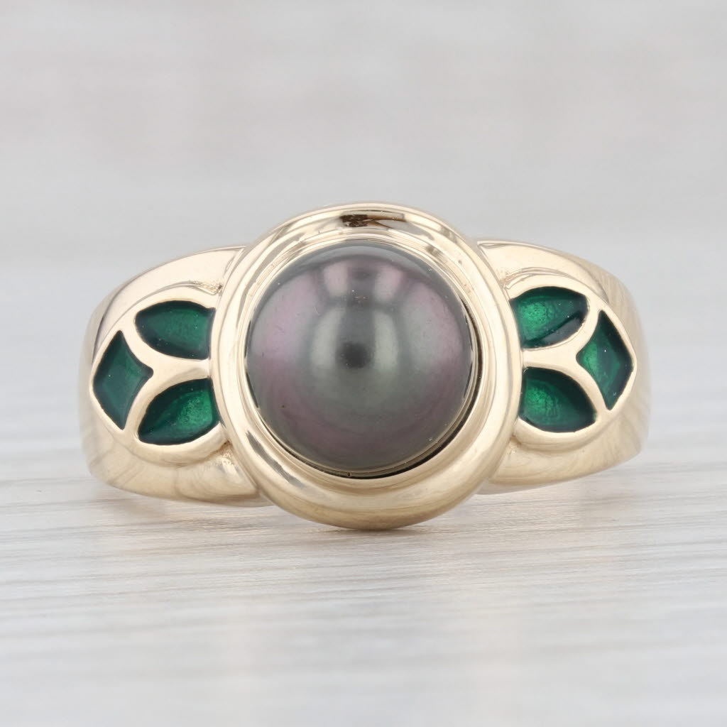 Light Gray Cultured Black Pearl Ring 14k Yellow Gold Resin Size 9 Round Solitaire