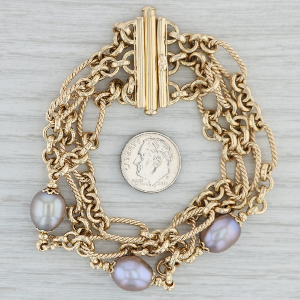 Gray Cultured Gray Pearl Multichain Bracelet 14k Yellow Gold 7.5"