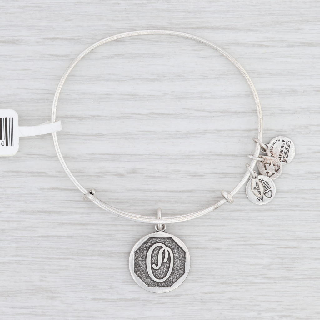 Light Gray New Alex and Ani Initial O Bangle Charm Bracelet Rafaelian Silver Expandable
