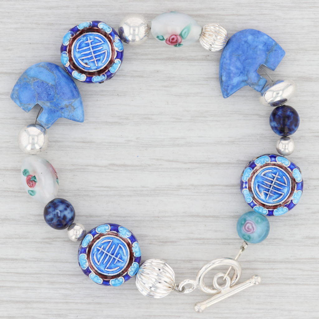 Light Gray New Bead Statement Bracelet Sterling Silver 8" Floral Ceramic Glass Sodalite