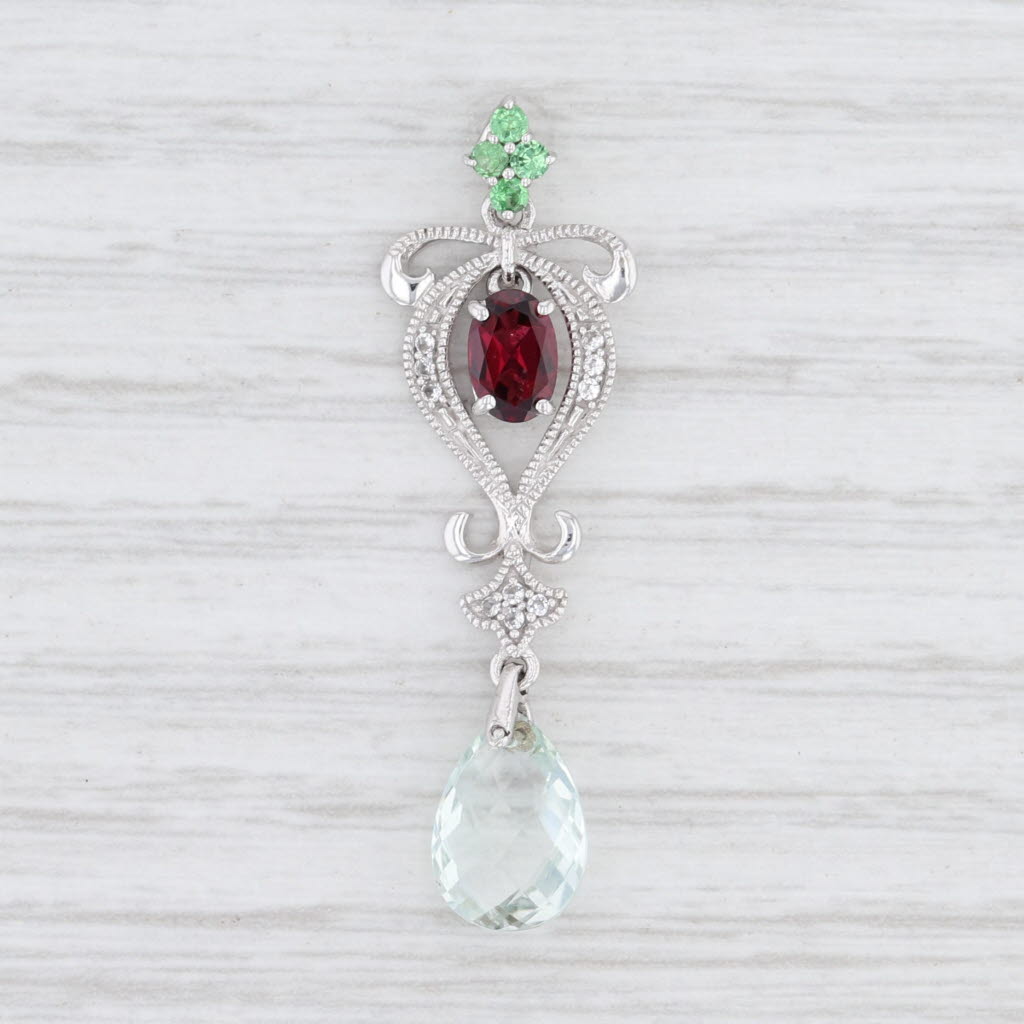 Light Gray New Green Amethyst Briolette Tsavorite Garnet White Sapphire Pendant 10k Gold