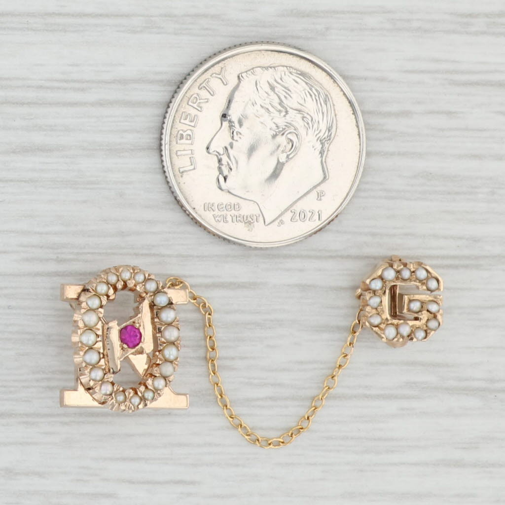 Light Gray Theta Kappa Badge 10k Gold Lab Created Ruby Seed Pearls 10k Gold Fraternity Pin