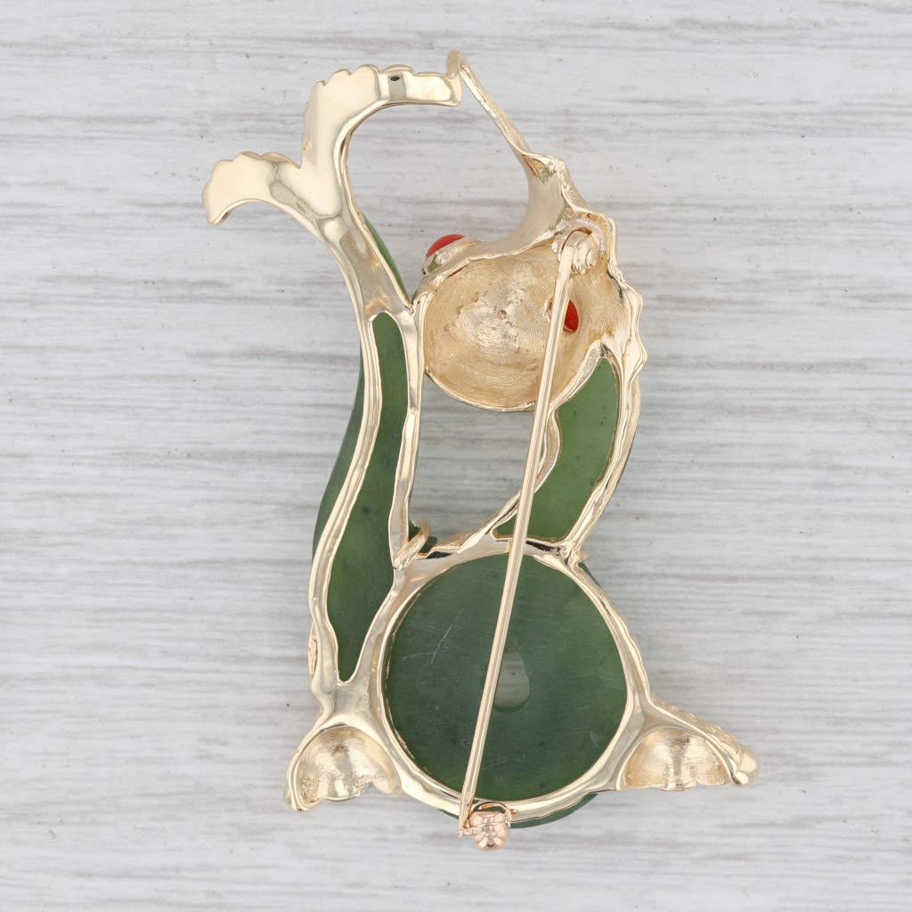 Light Gray Green Nephrite Jade Carved Dragon Brooch 14k Yellow Gold Coral Pin Asian Jewelry