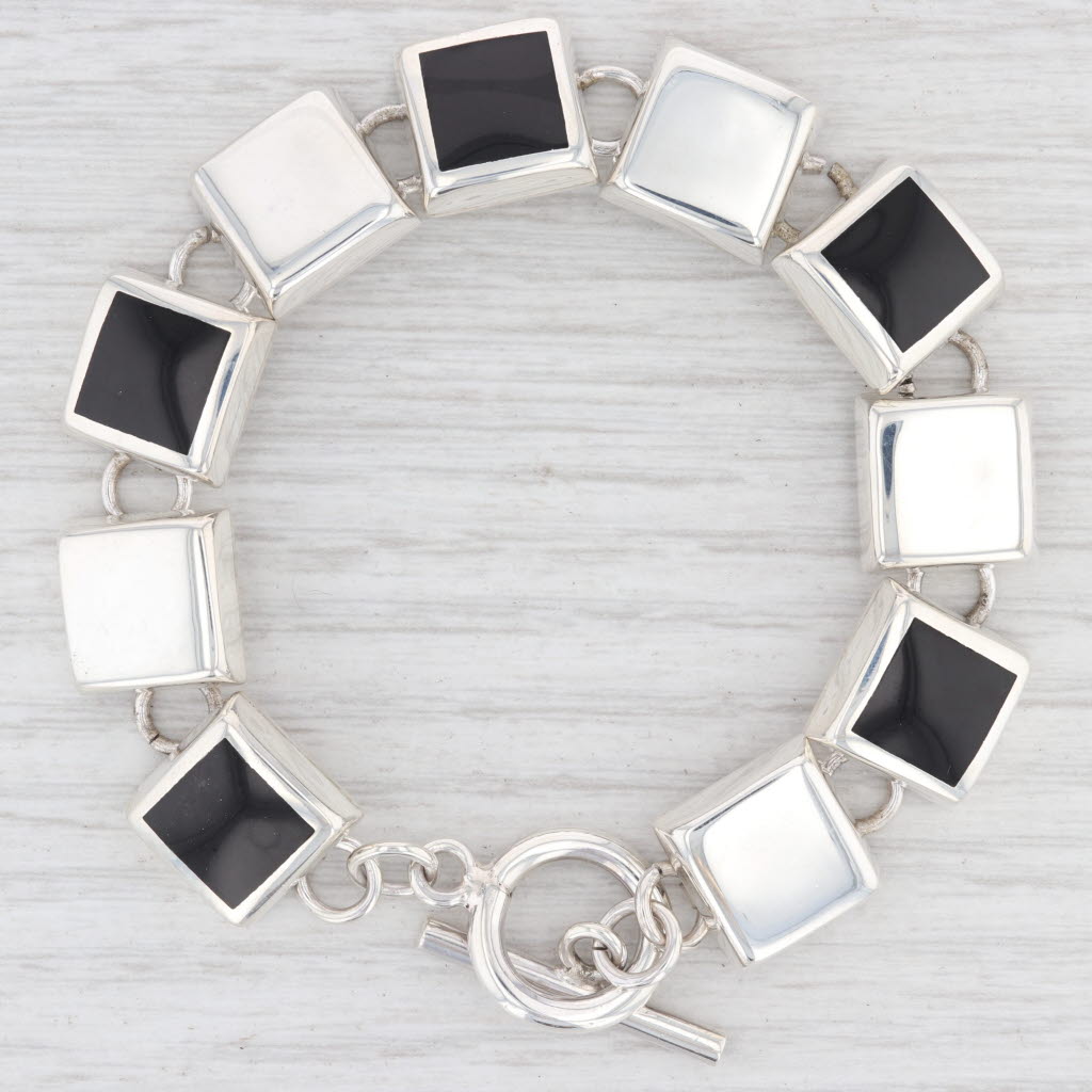 Light Gray New Black Resin Link Bracelet Sterling Silver 7.5” 13.1mm Toggle Clasp