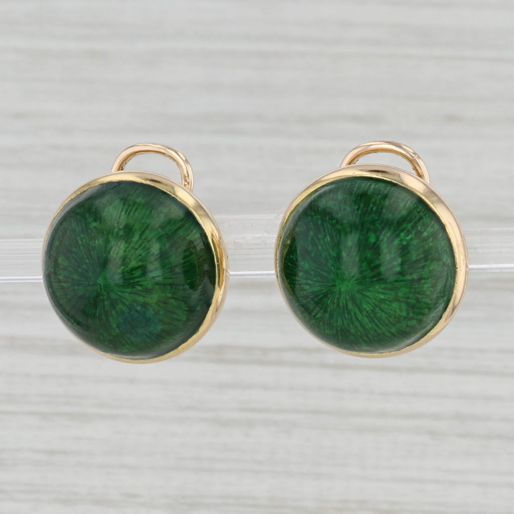 Light Gray Green Enamel Button Earrings 14k Yellow Gold Clip On Omega Backs