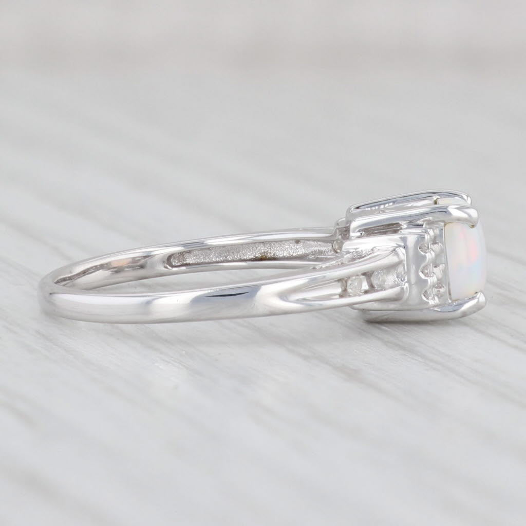 Light Gray Lab Created Opal Diamond Ring 14k White Gold Size 6 Cushion Cabochon