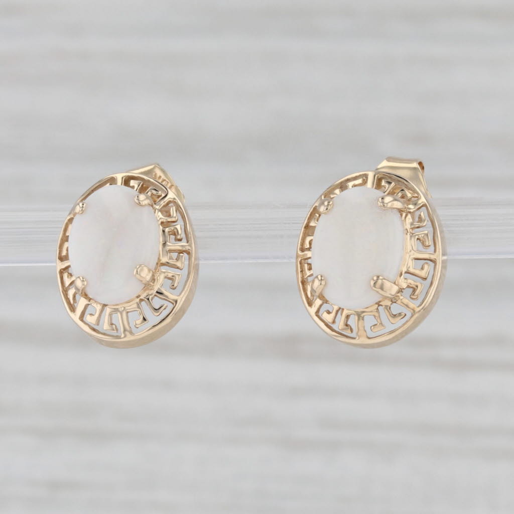 Gray Opal Cabochon Stud Earrings 10k Yellow Gold Green Key Pierced Studs