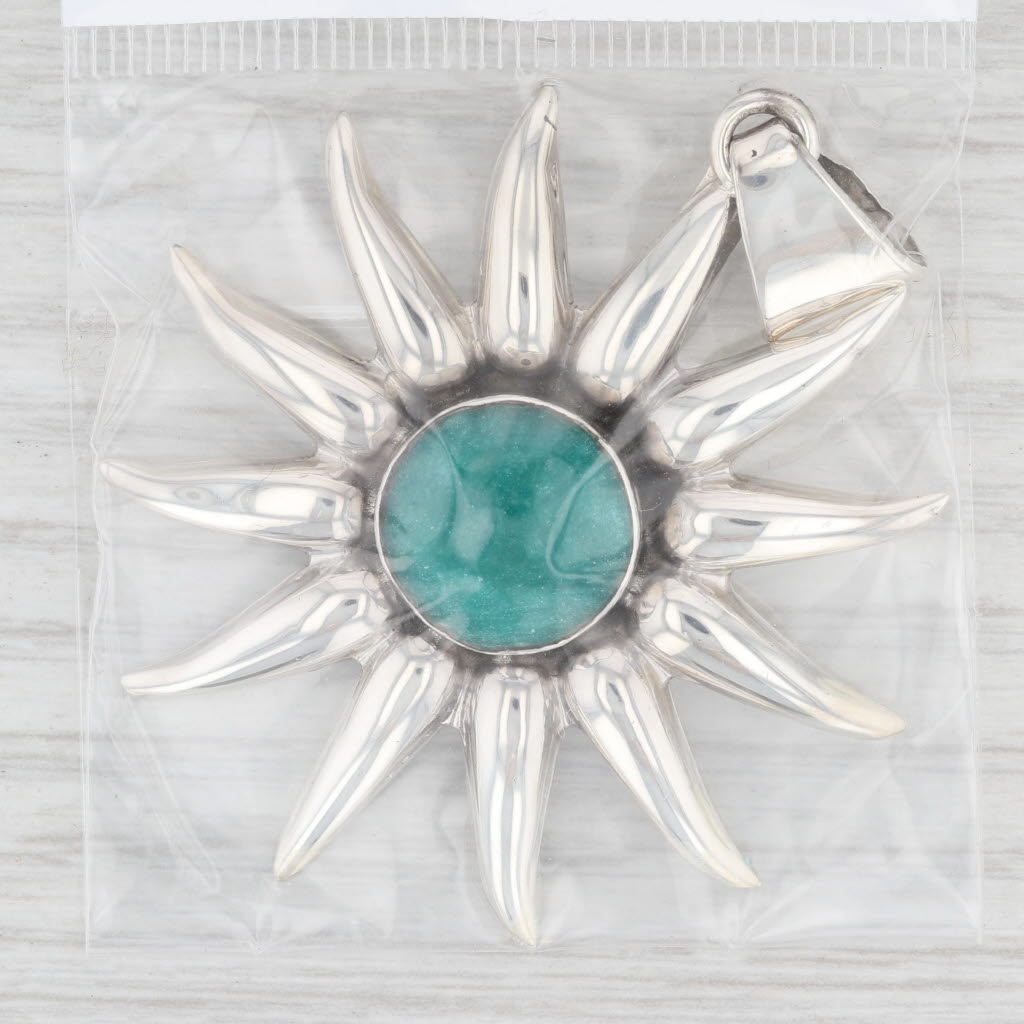 Light Gray New Flower Pendant Sterling Silver Celestial Sun Statement Green Resin