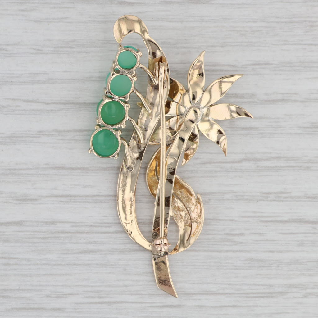 Gray Vintage Green Chrysoprase Flower Brooch 14k Yellow Gold Floral Statement Pin