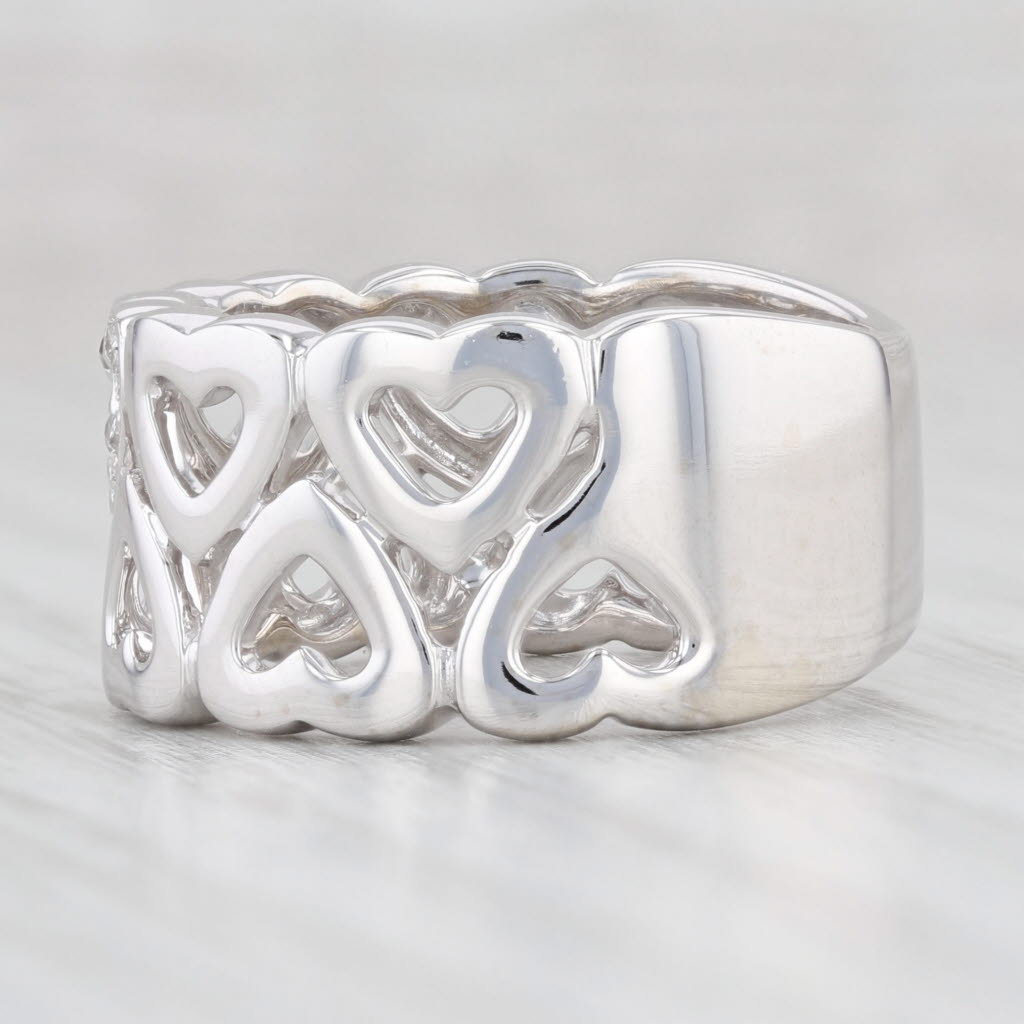 Light Gray Diamond Accented Hearts Band 14k White Gold Size 6.25 Statement Ring