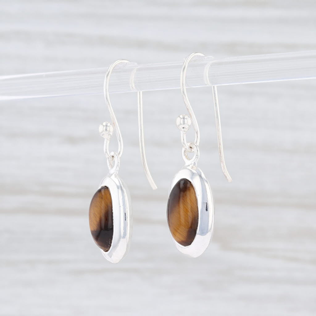 Light Gray New Brown Tiger's Eye Earrings Sterling Silver Hook Pierced Oval Solitaire Drop