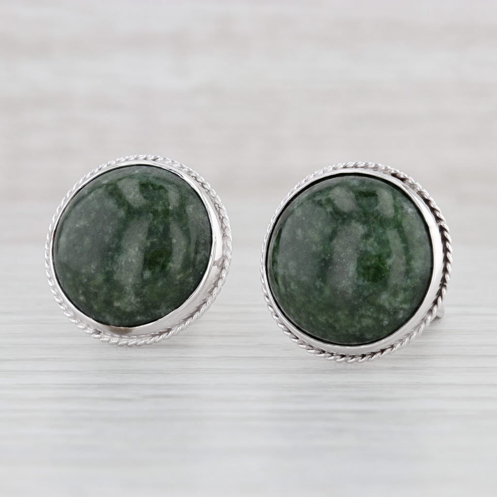 Light Gray Green Nephrite Jade Cufflinks 14k White Gold Suit Accessories Round Cabochon