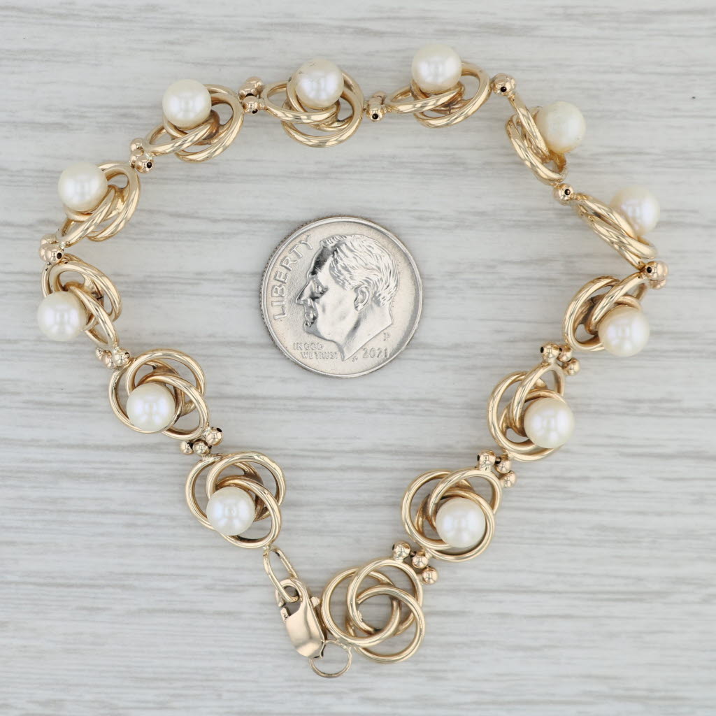 Gray Cultured Pearl Knot Links Bracelet 14k Yellow Gold 7.5" 11.7mm