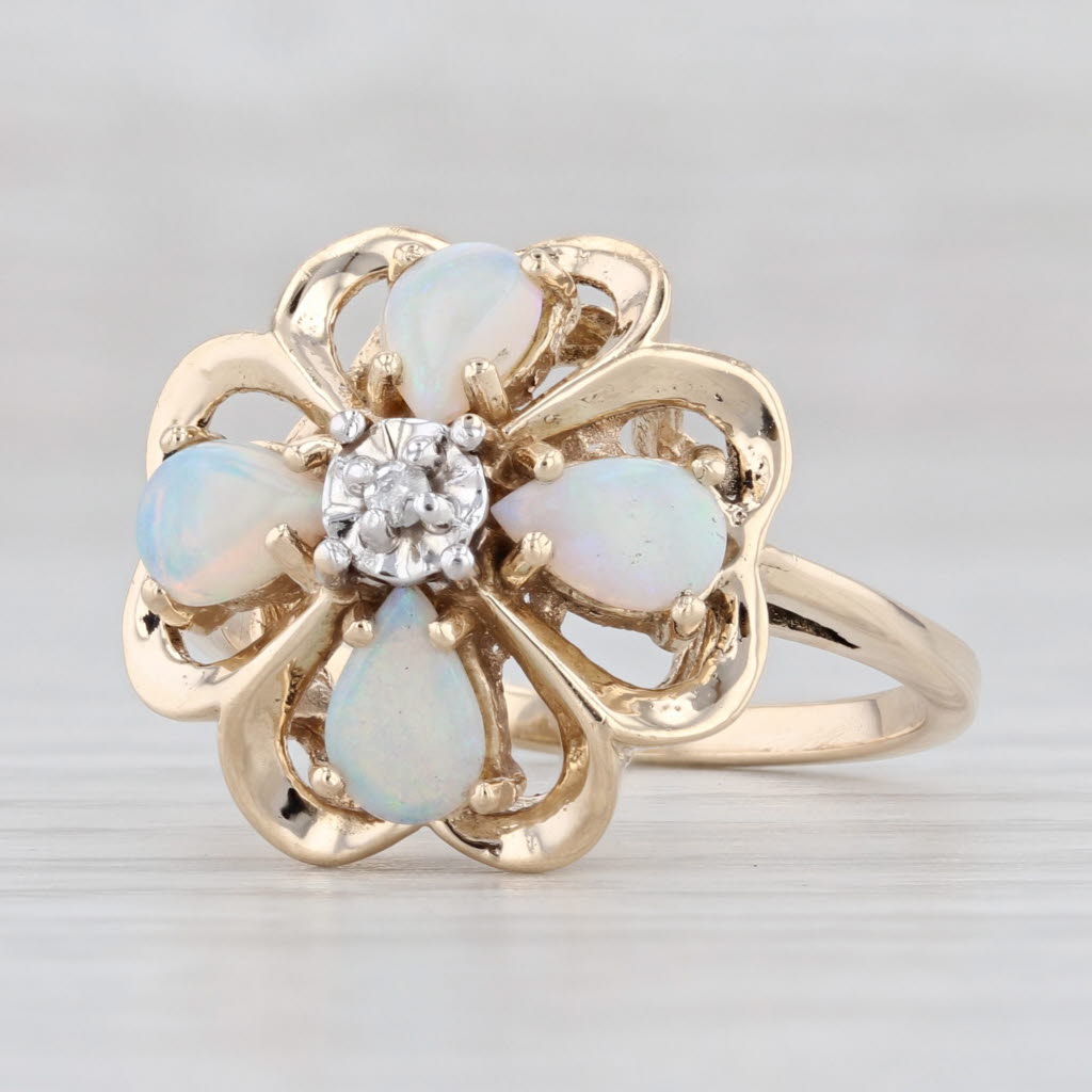 Light Gray 0.80ctw Opal Diamond Shamrock Ring 14k Yellow Gold 4-Leaf Clover Cocktail