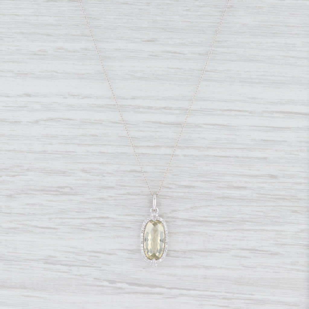Light Gray Lemon Quartz Diamond Halo Pendant Necklace 14k White Gold 16.25"