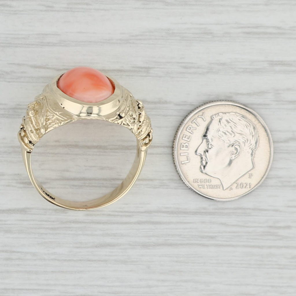 Light Gray Coral Oval Cabochon Solitaire Ring 14k Yellow Gold Size 9.25