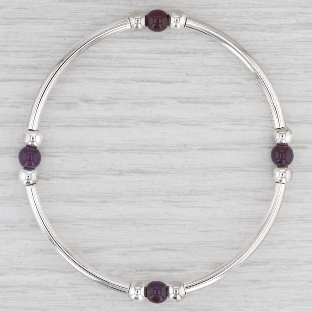 Light Gray New Purple Glass Stretch Bead Bracelet Sterling Silver 8" Italy