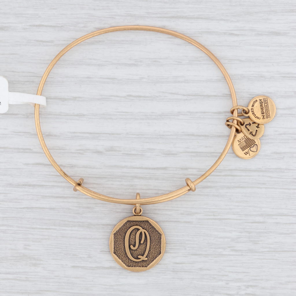 Light Gray New Alex and Ani Initial Q Bangle Charm Bracelet Rafaelian Gold Expandable