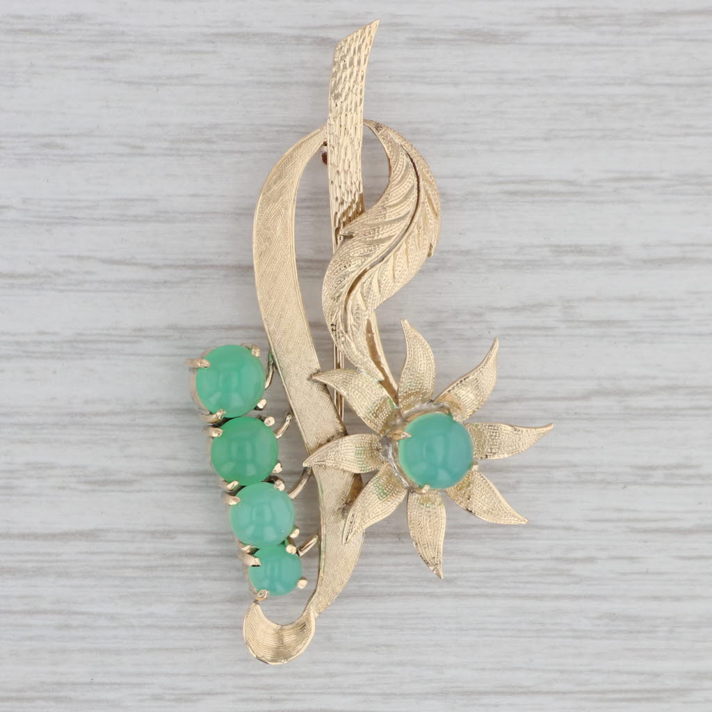 Gray Vintage Green Chrysoprase Flower Brooch 14k Yellow Gold Floral Statement Pin