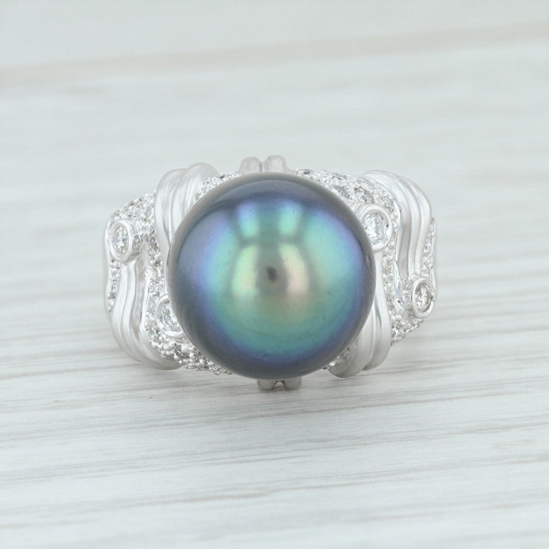 Light Gray Cultured Black Pearl Diamond Cocktail Ring 18k White Gold Size 6.5 High Carat