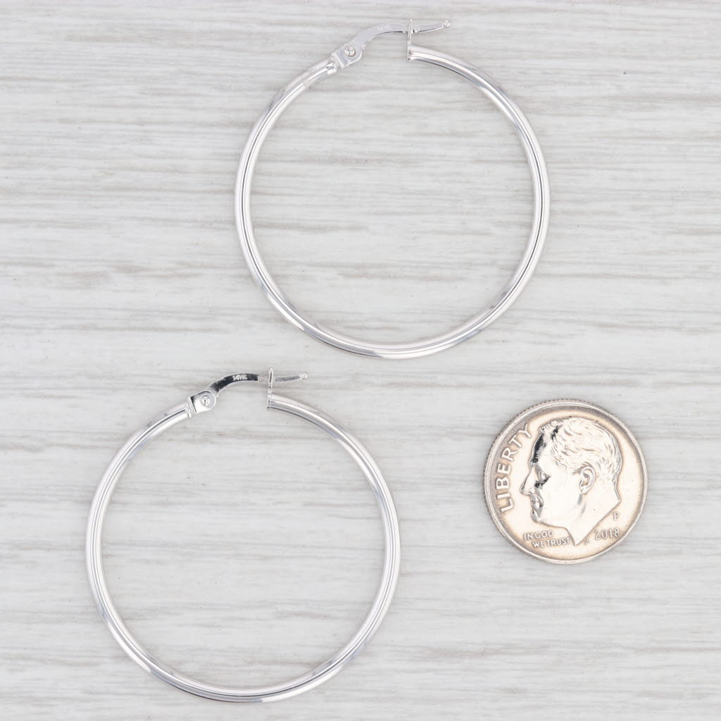 Light Gray New Round Hoop Earrings 14k White Gold Snap Top Pierced Hoops 35mm X 2mm