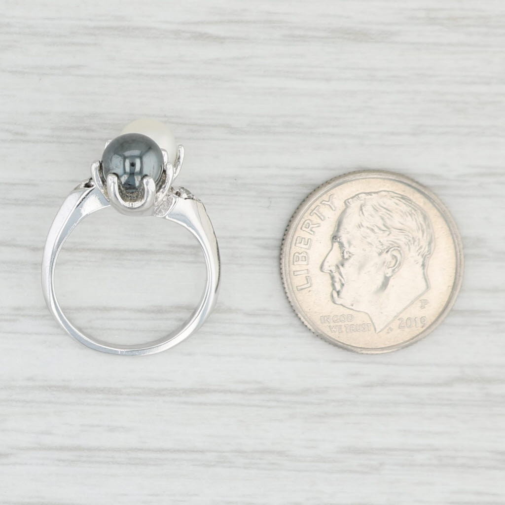 Light Gray Cultured Pearl Hematite Bypass Ring 14k White Gold Diamond Accents Size 3.5