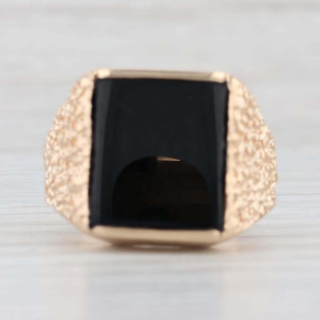 Light Gray Onyx Rectangle Cabochon Solitaire Ring 14k Yellow Gold Nugget Band Size 6.5
