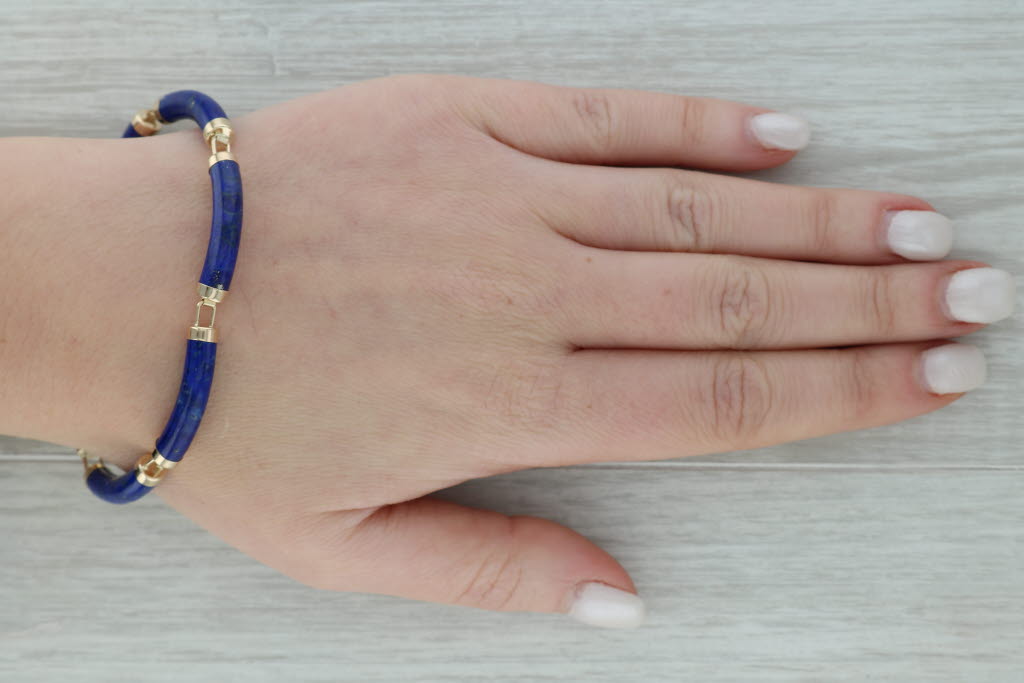 Dark Gray Lapis Lazuli Bracelet 14k Gold 7.25" 5.2mm Chinese Character Shou Longevity