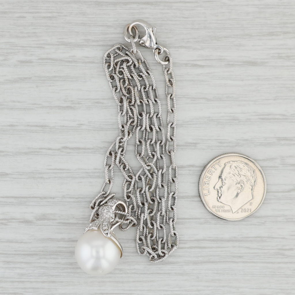 Light Gray 0.15ctw Diamond Cultured Pearl Pendant Necklace 18k White Gold 15.5" Cable Chain